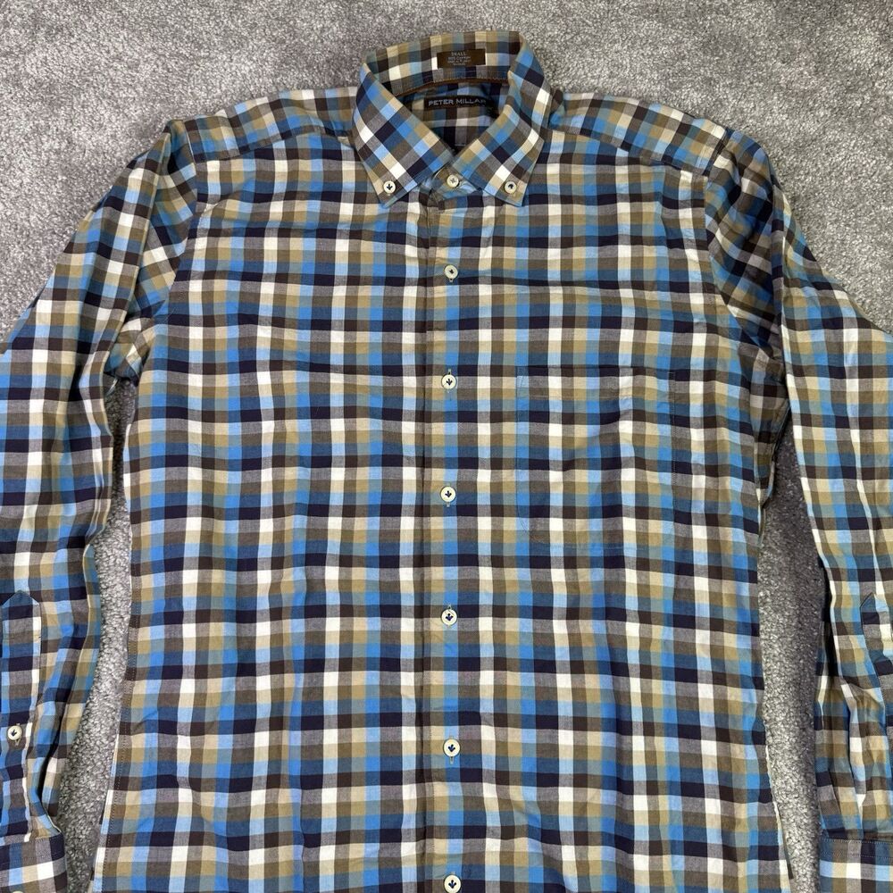 Peter Millar Shirt Men’s Small Brown Plaid Long Sleeve Button Up Preppy Casual